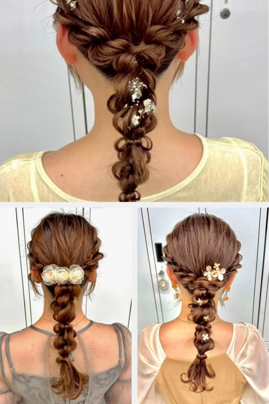 横浜で結婚式ヘアセット/お呼ばれヘアセット/横浜ヘアセット/結婚式ヘアアレンジ/お呼ばれヘアアレンジ/カチモリ/立体リボン/くるみちゃんヘアシニヨン/ゆるふわアップ/編みおろし/ハーフアップ/タイト系/金箔